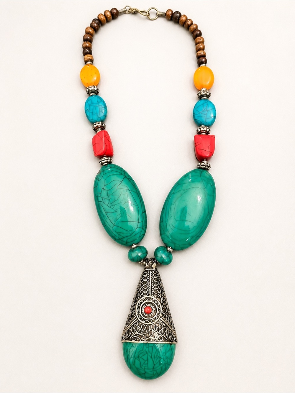 Turquoise Multicolor Statement Necklace - Bold Gem Bead Pendant